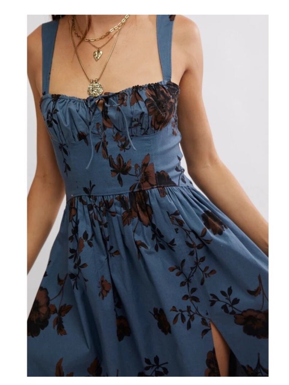 Free People Laters Baby Denim Blue Floral Midi Dress Storm Combo Size L Boho